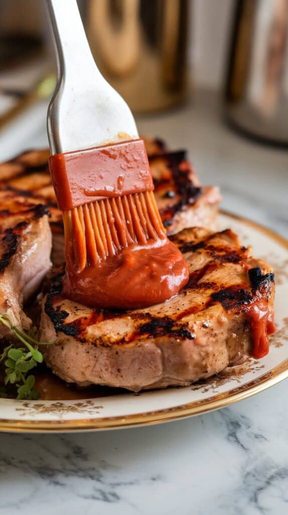 grilled pork chops being brushed with thick rhubarb BBQ sauce, juices glistening.
