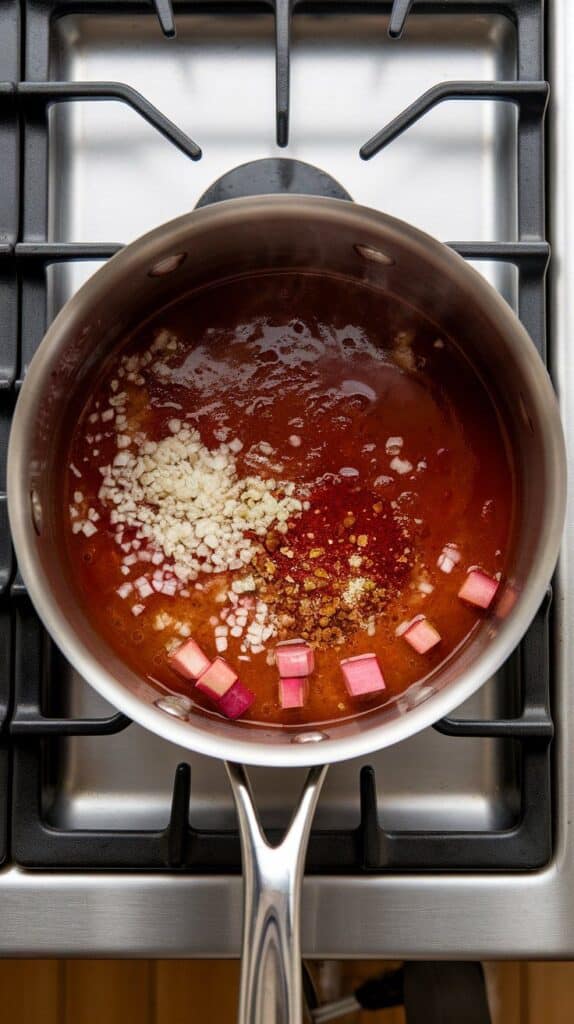 bubbling BBQ sauce in saucepan, rhubarb breaking down into a thick mixture with tomato paste and spices