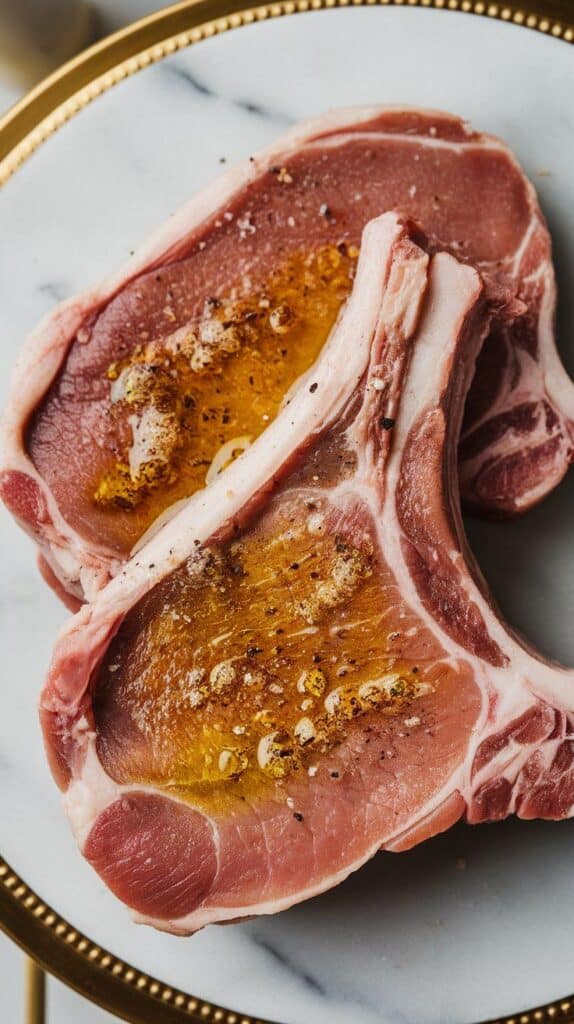raw bone-in pork chops rubbed with olive oil, salt, pepper, and garlic powder on a plate, ready to grill.