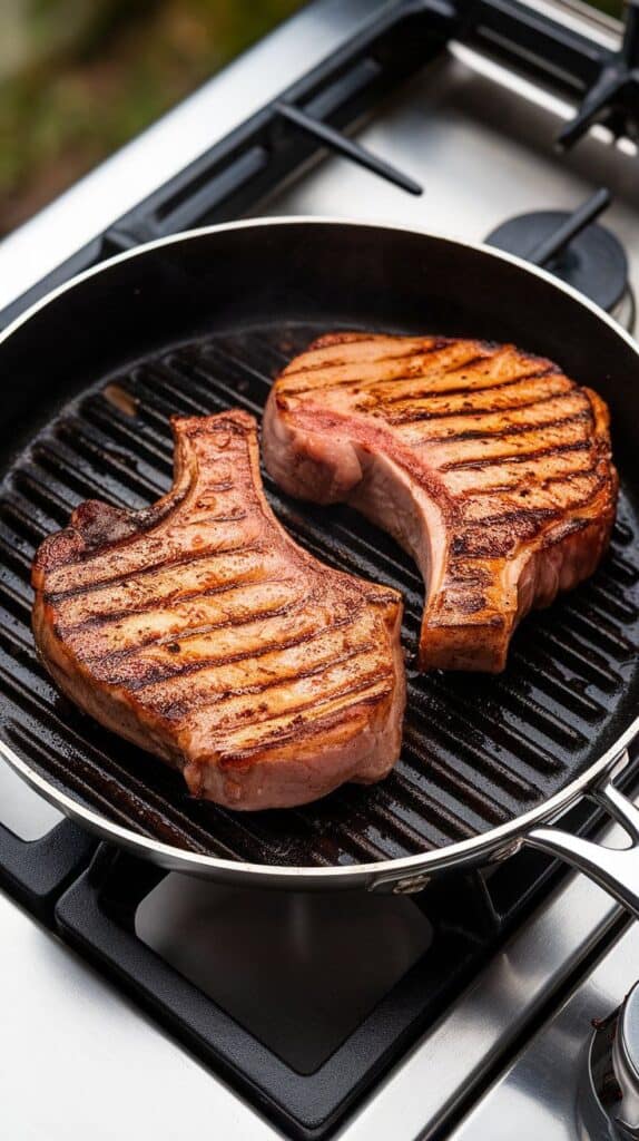 pork chops sizzling on grill grates with char lines forming. On a modern stainless steel gas stove.