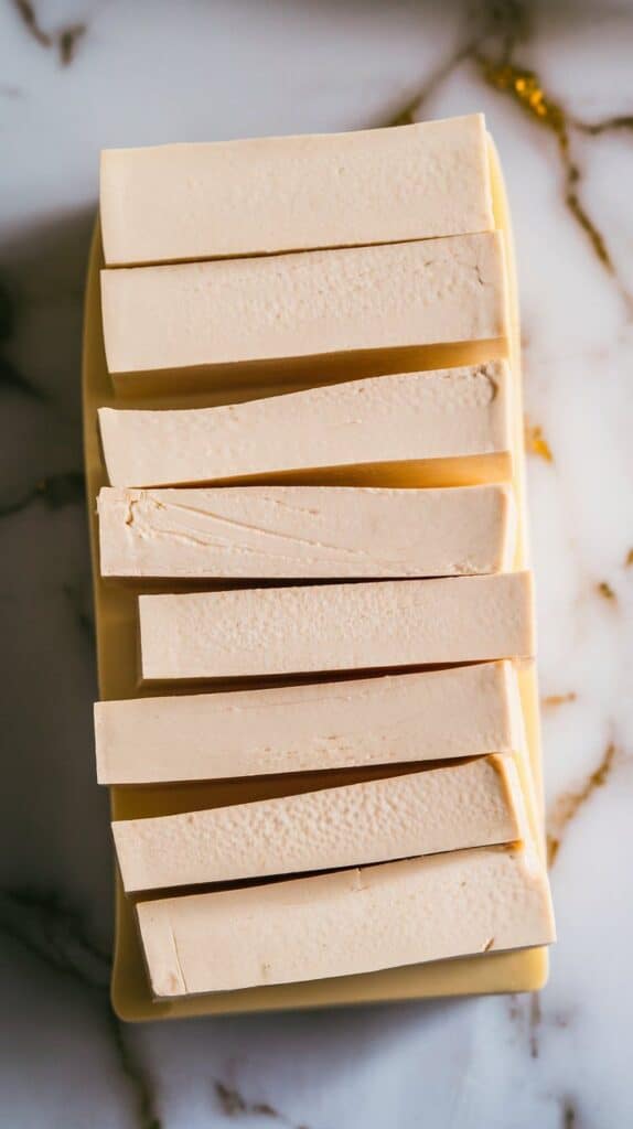 extra-firm tofu being sliced into 1/2-inch slabs after pressing, soft texture but clean edges, stacked neatly