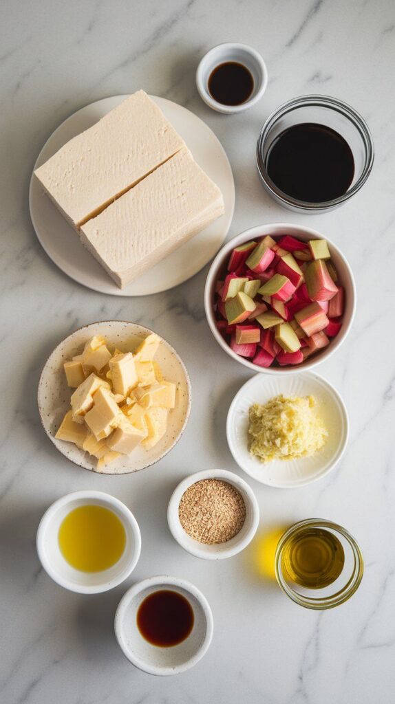 ingredients: a block of extra-firm tofu cut into thick slabs on a small plate, finely chopped rhubarb, grated fresh ginger, soy sauce in a small clear dish, maple syrup in a tiny jar, water in a clear jar, sesame oil in a tiny plate, and olive oil in a small bowl, all neatly arranged