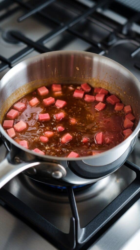 rhubarb-soy glaze bubbling and thickening in the saucepan, visible soft rhubarb bits and sticky texture forming