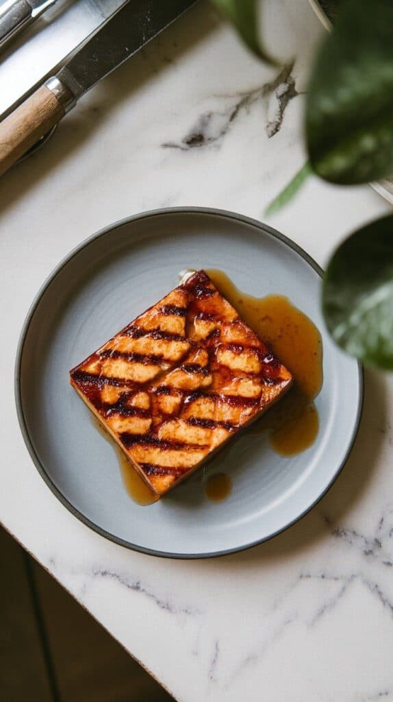 finished grilled tofu on a plate, drizzled with extra rhubarb-soy glaze, caramelized and shiny, sauce pooling slightly on the side