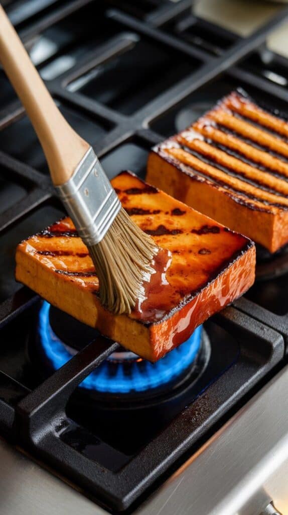 glaze being brushed onto grilled tofu slabs as they cook, thick glossy sauce clinging to the tofu, edges caramelizing
