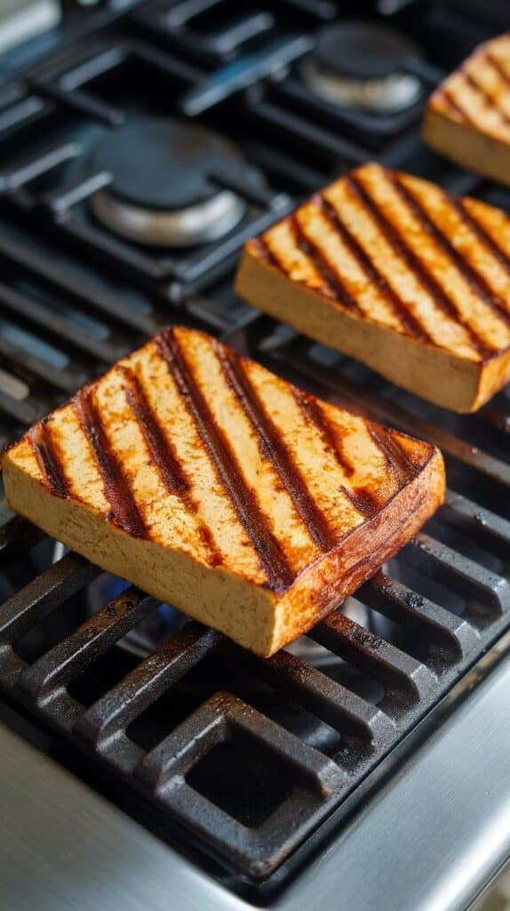 tofu slabs grilling on a stovetop grill pan, golden grill marks forming, tofu browning at the edges, on a modern stainless steel gas stove