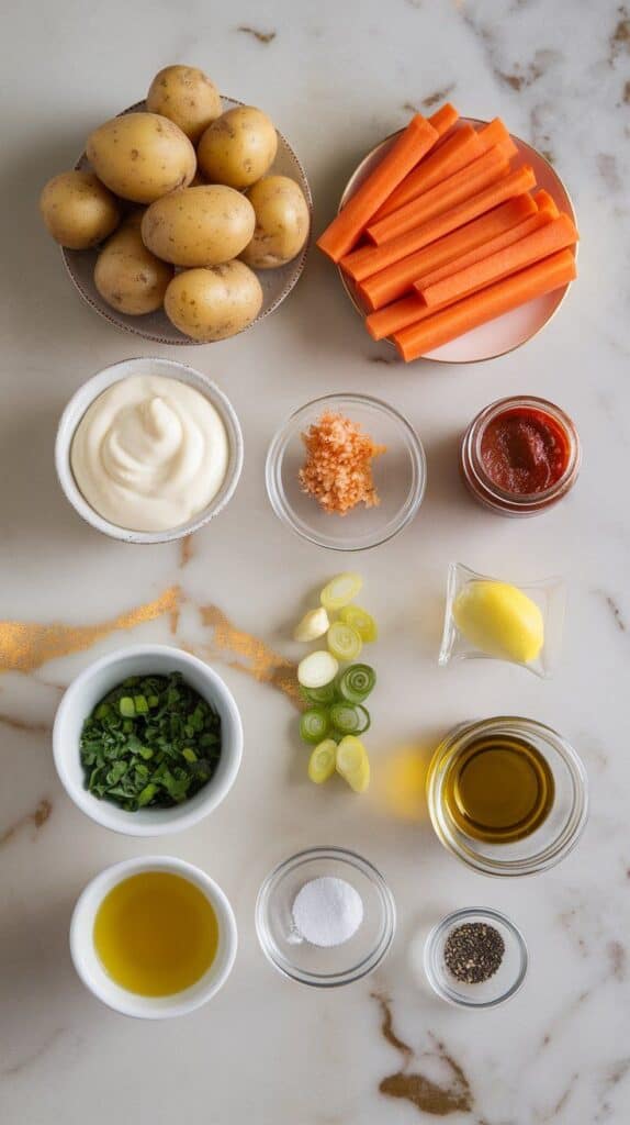 halved baby Yukon gold potatoes, peeled carrot sticks on a small plate, mayo in a tiny plate, harissa paste in a small jar, grated garlic on a plate, lemon juice in a tiny clear dish, honey in a small plate, sliced scallions and chopped parsley in small bowls, olive oil in a clear jar, and salt and pepper in pinch dishes, all stored in small plates or jars with no labels,
