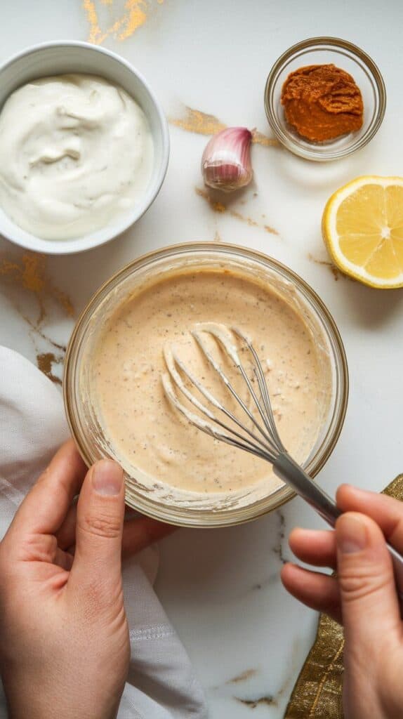 creamy harissa dressing in a bowl being whisked, ingredients like mayo, harissa paste, lemon juice, and garlic surrounding the bowl