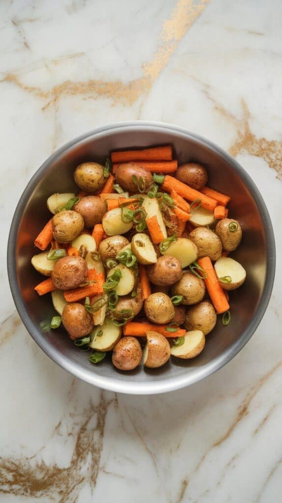 warm potatoes and roasted carrots being gently tossed with harissa dressing in a large bowl