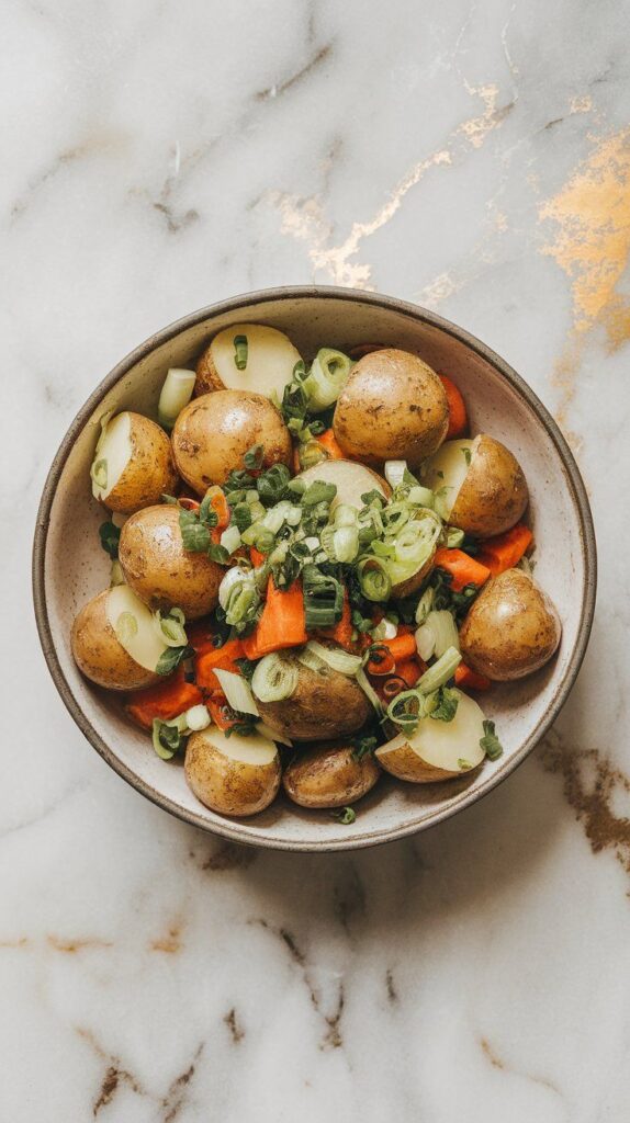 finished harissa potato salad with roasted carrots in a shallow serving bowl, topped with chopped scallions and herbs