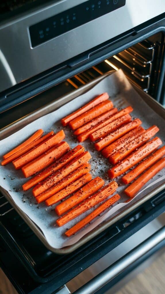 aw carrot sticks tossed in olive oil, salt, and pepper on a parchment-lined baking sheet
