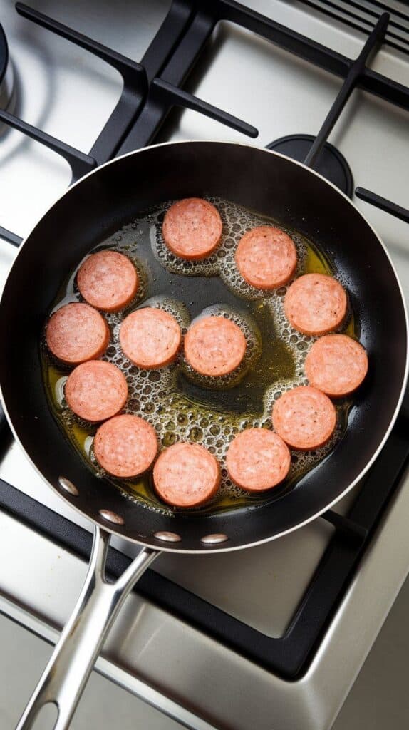 kielbasa rounds sizzling and browning in olive oil in a black cast iron skillet.