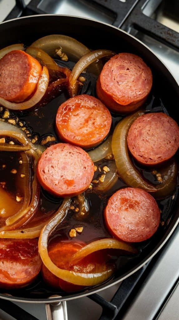 finished honey garlic kielbasa in skillet, steam rising, sauce thick and shiny, sausage edges crisp.