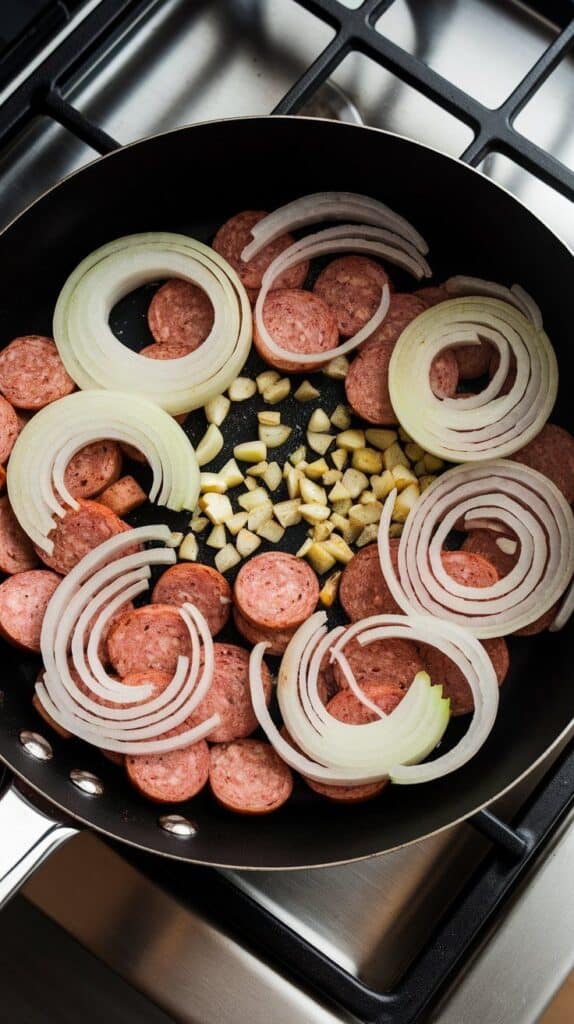 golden onion slices softening and mingling with kielbasa, garlic bits just starting to brown.