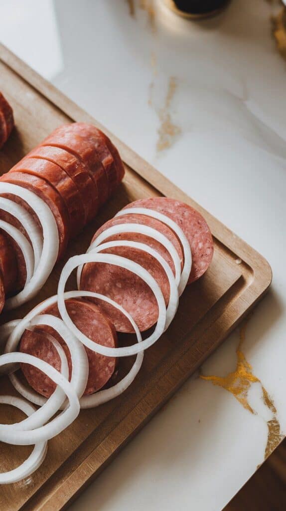 thick kielbasa slices and thin onion rings on a cutting board, arranged neatly before cooking