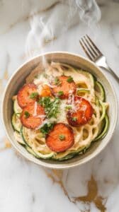 two bowls of kielbasa Alfredo zucchini noodles, topped with parsley and fresh parmesan, creamy sauce visible clinging to zoodles.