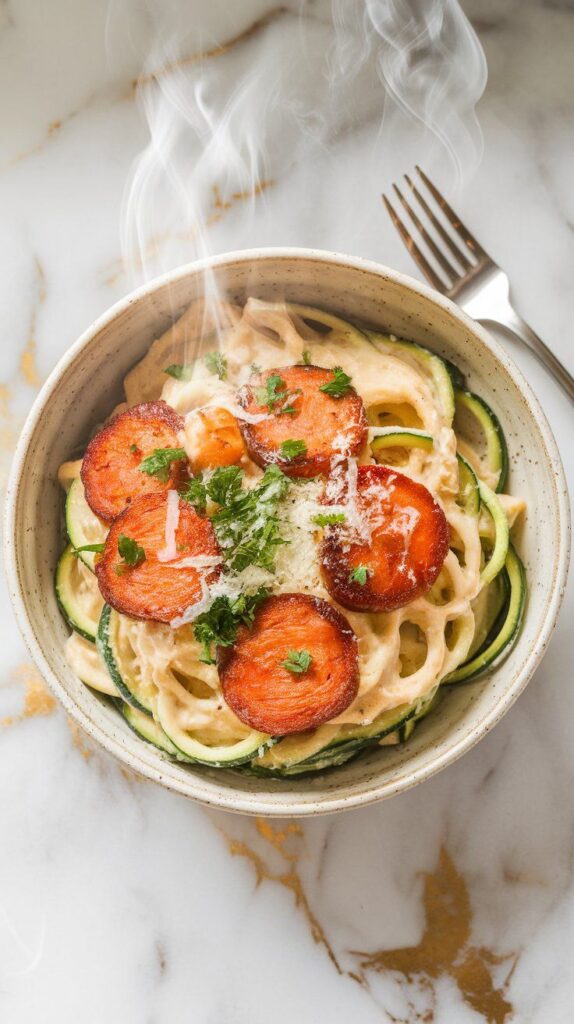 two bowls of kielbasa Alfredo zucchini noodles, topped with parsley and fresh parmesan, creamy sauce visible clinging to zoodles.