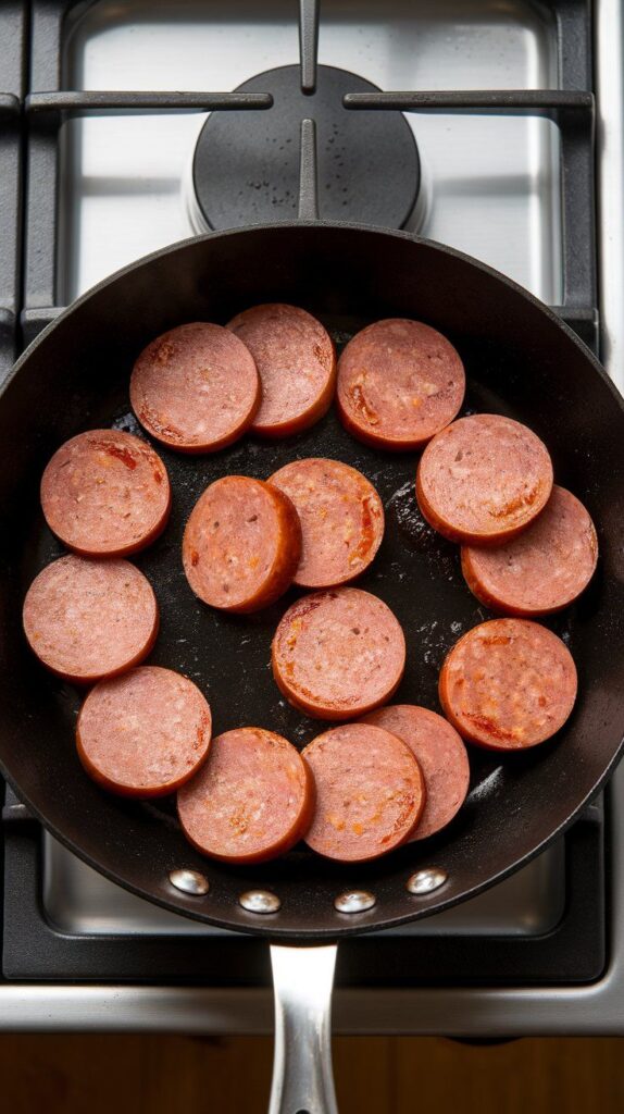 browned kielbasa half-moons sizzling in a skillet, edges caramelized.