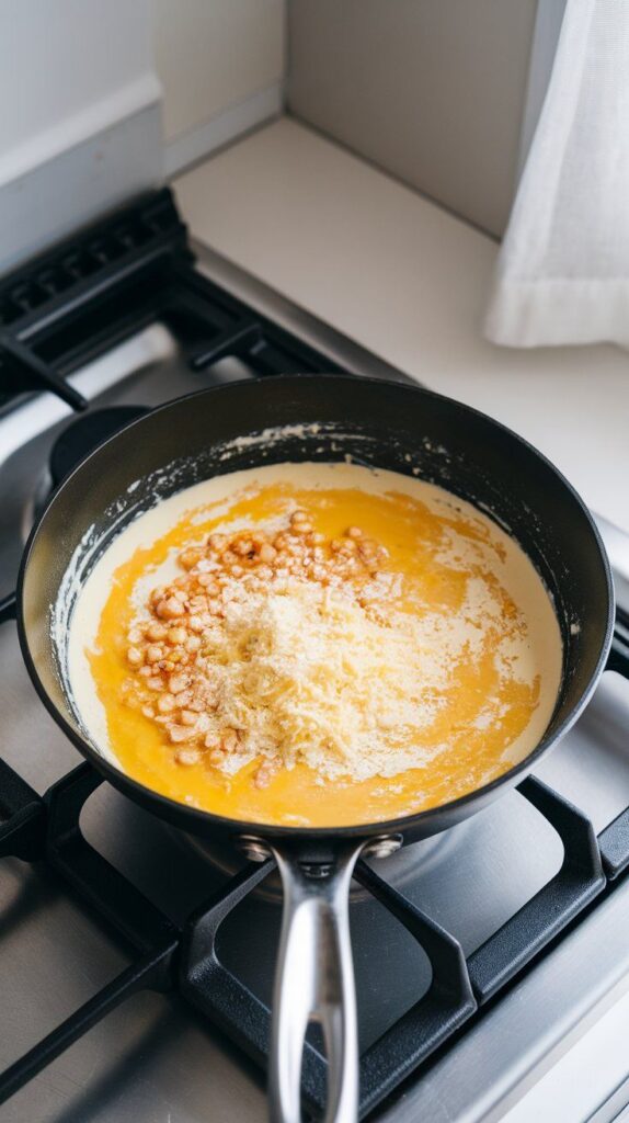 melted butter and garlic being stirred with cream in a skillet, parmesan just starting to melt into the sauce.