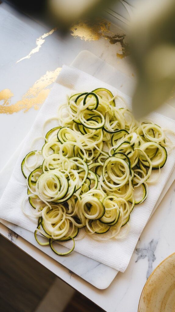 spiralized zucchini noodles being patted dry with a paper towel on a cutting board