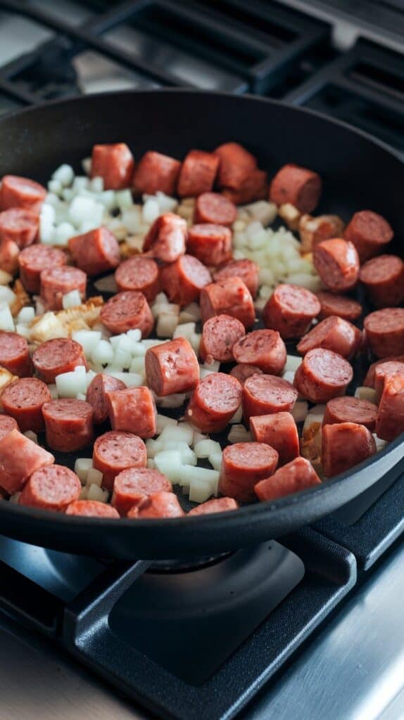 diced kielbasa, sautéed onions, and garlic in a skillet with golden edges forming.