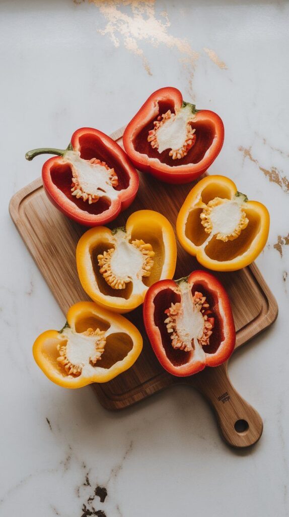 halved bell peppers with seeds removed, edges clean and vibrant red and yellow color.