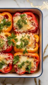 inished kielbasa stuffed peppers in a baking dish, golden cheese and fresh parsley on top, served hot.