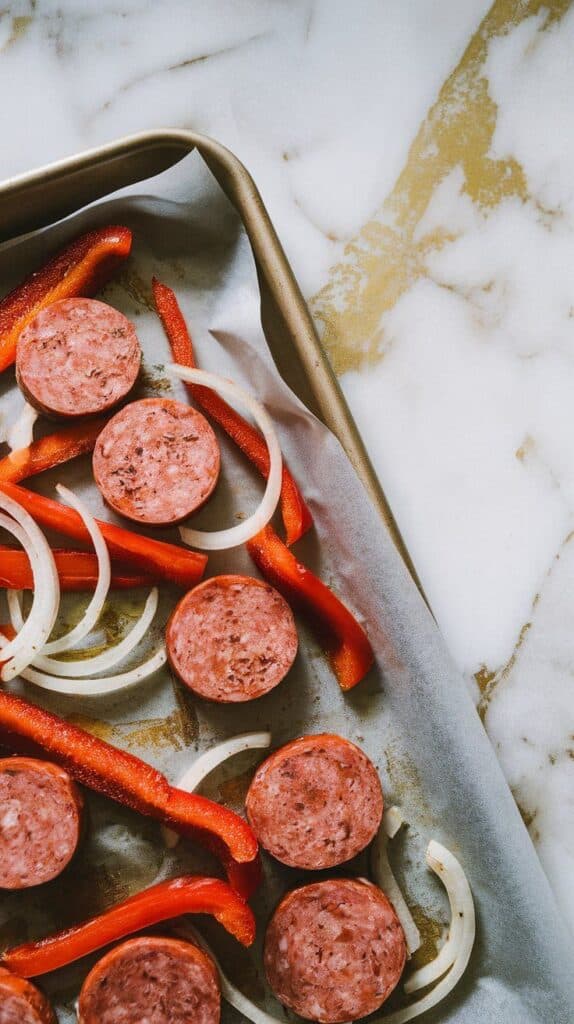 ierogies, kielbasa rounds, and sliced veggies tossed in olive oil and seasoning on a parchment-lined sheet pan