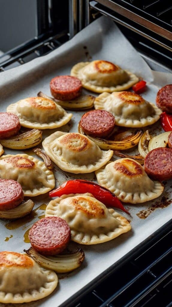 pierogies and kielbasa roasting in the oven—edges golden, steam rising, caramelization happening.