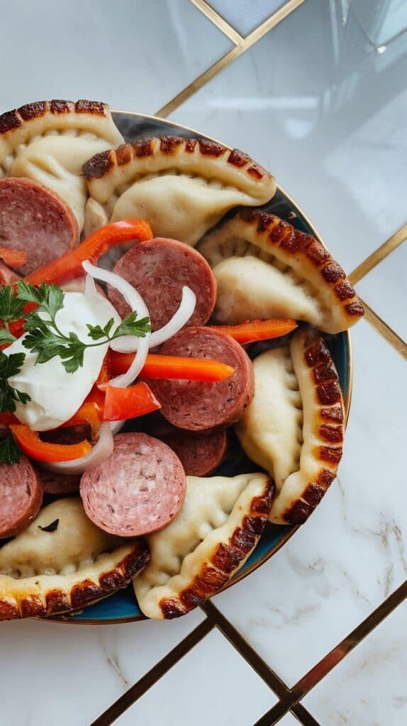 roasted pierogies and kielbasa plated with a dollop of sour cream and parsley on top.