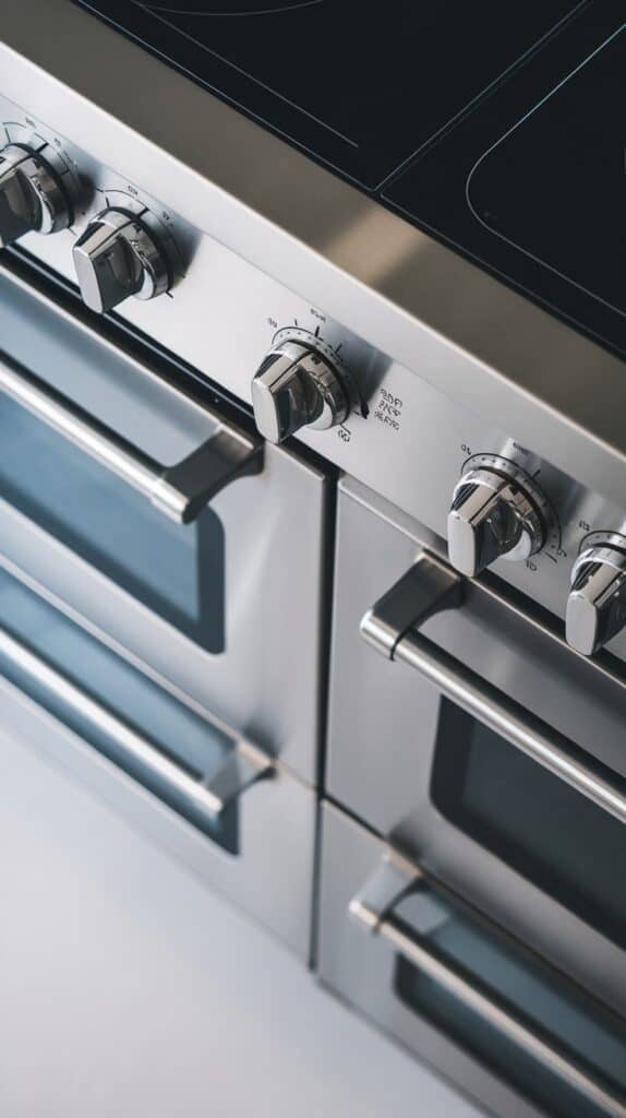oven dial set to 425°F, hand turning knob. Modern stainless steel double oven