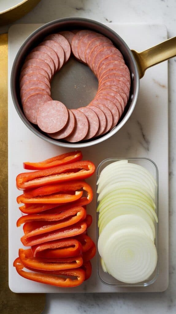 kielbasa rounds, red bell pepper strips, and thin onion slices arranged neatly on a cutting board