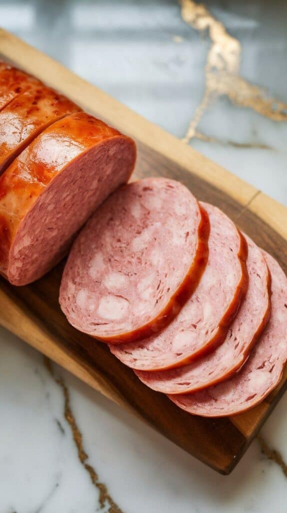 kielbasa sliced into ½-inch thick rounds on a wooden cutting board, juicy pink centers and marbled fat visible.