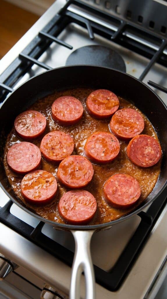 bubbling maple Dijon glaze coating kielbasa slices in a hot skillet, sticky and glossy.