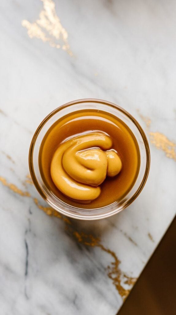 laze mixture in a small glass bowl—thick golden maple syrup blending with pale yellow Dijon and vinegar.