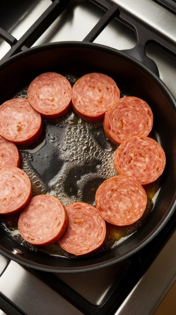 kielbasa slices sizzling in a skillet, golden-brown sear on one side, oil bubbling around them.