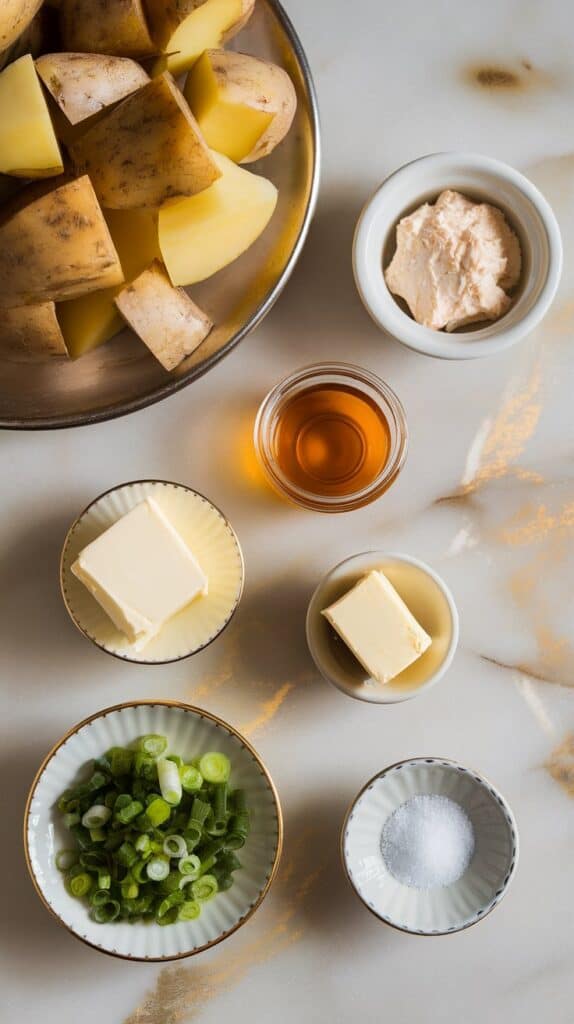 peeled and chunked Yukon gold potatoes on a plate, white miso paste on a small dish, honey in a tiny clear jar, unsalted butter in a small plate, rice vinegar in a tiny plate, salt in a pinch dish, and chopped scallions