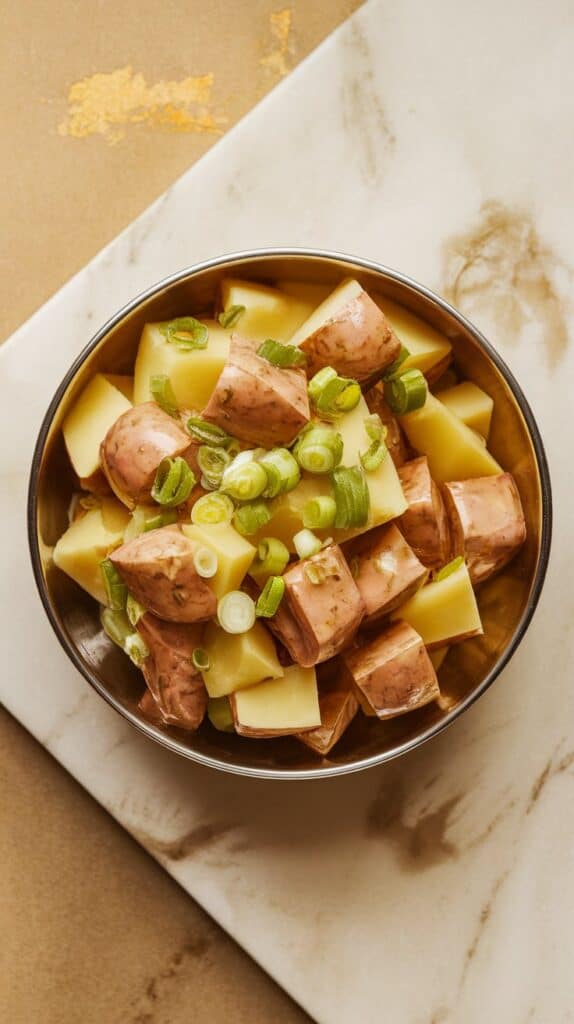 Top with chopped scallions or chives and serve warm, at room temp, or chilled.