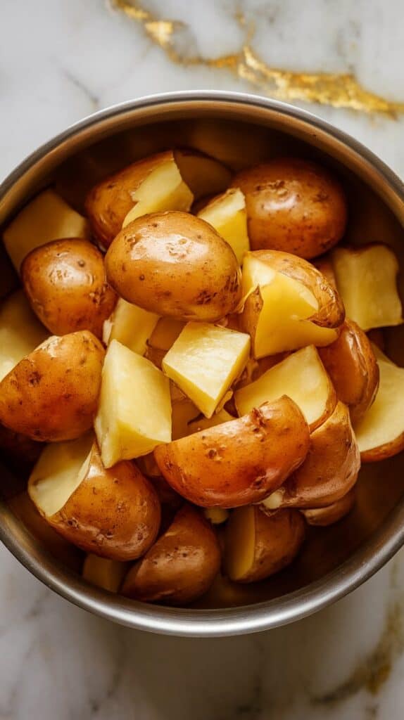 hot potato chunks in a bowl being tossed with warm miso honey butter sauce, golden and glossy, coated evenly