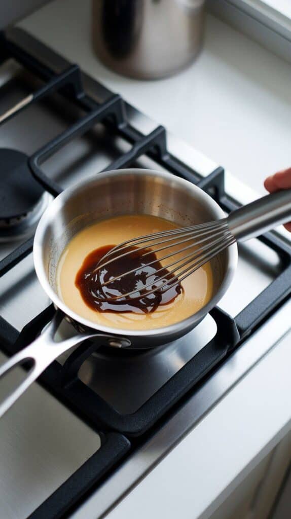 butter melting in a small pan, with miso paste, honey, and rice vinegar being whisked in to form a glossy sauce