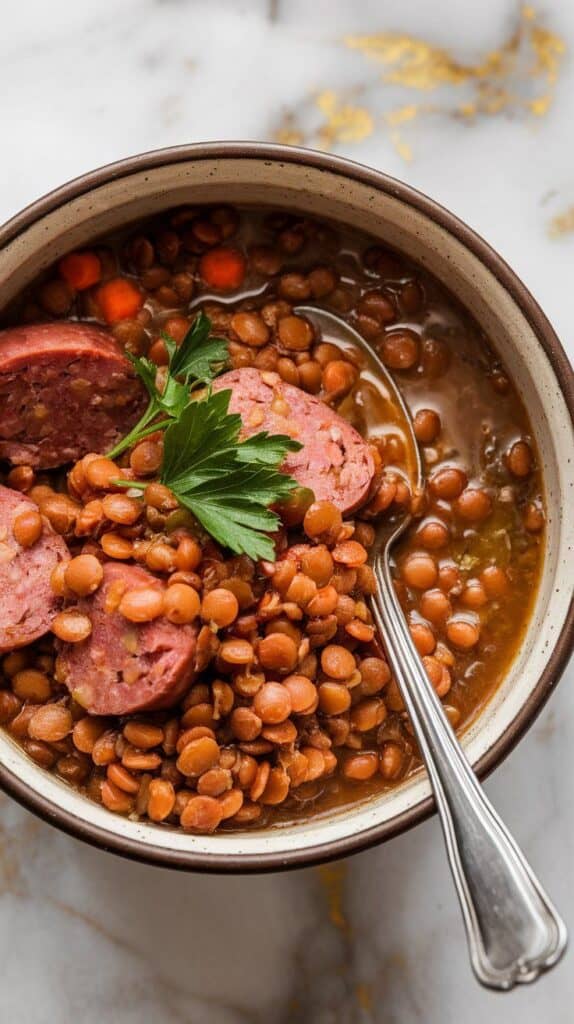 a hearty bowl of kielbasa lentil stew served with a spoon, garnished with fresh parsley. Rich broth, lentils, and sausage pieces are clearly visible in a deep ceramic bowl.