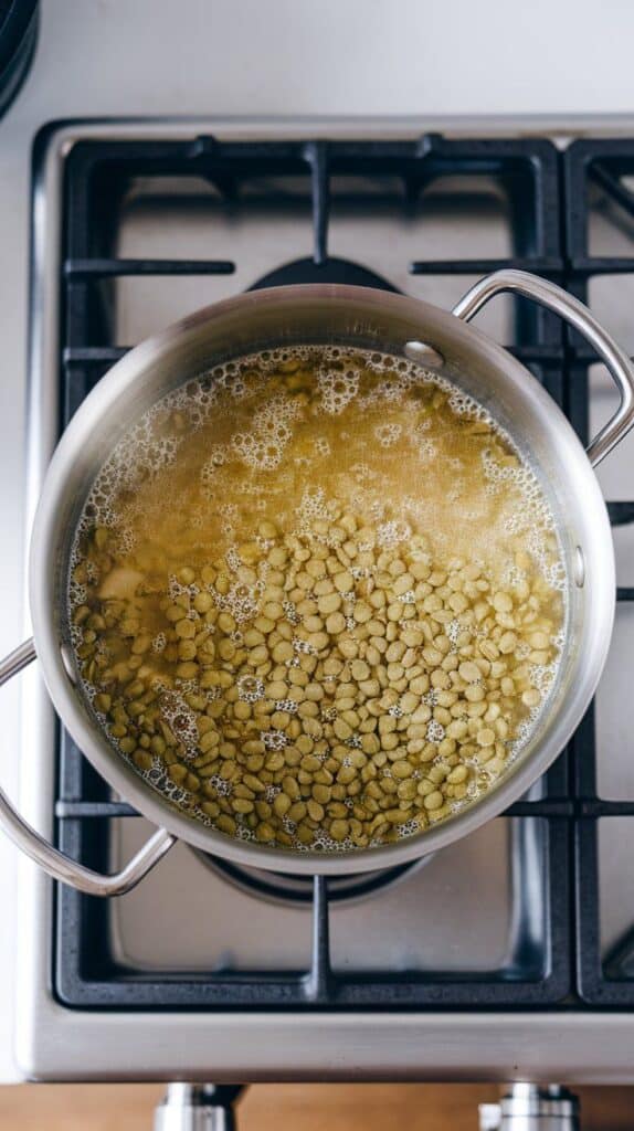 uncooked green lentils and chicken broth just added to the pot, ingredients mingling in a bubbling broth.