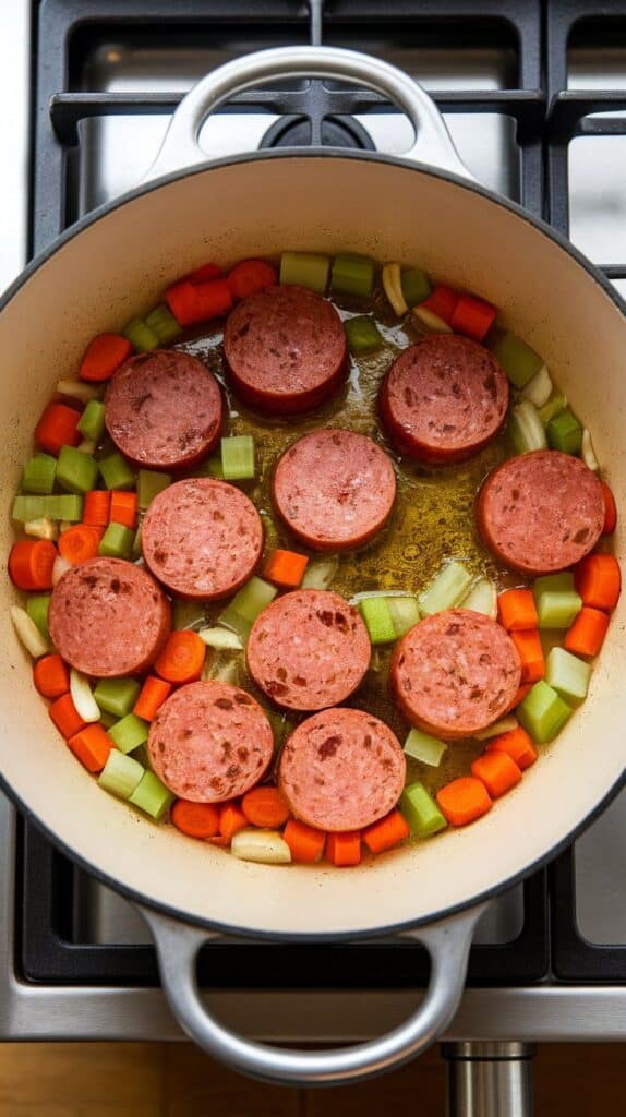 softened diced carrots, celery, onion, and minced garlic in the Dutch oven with browned kielbasa pushed to the side