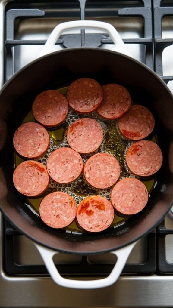 browned kielbasa slices sizzling in olive oil in a Dutch oven, golden and crisped edges visible.