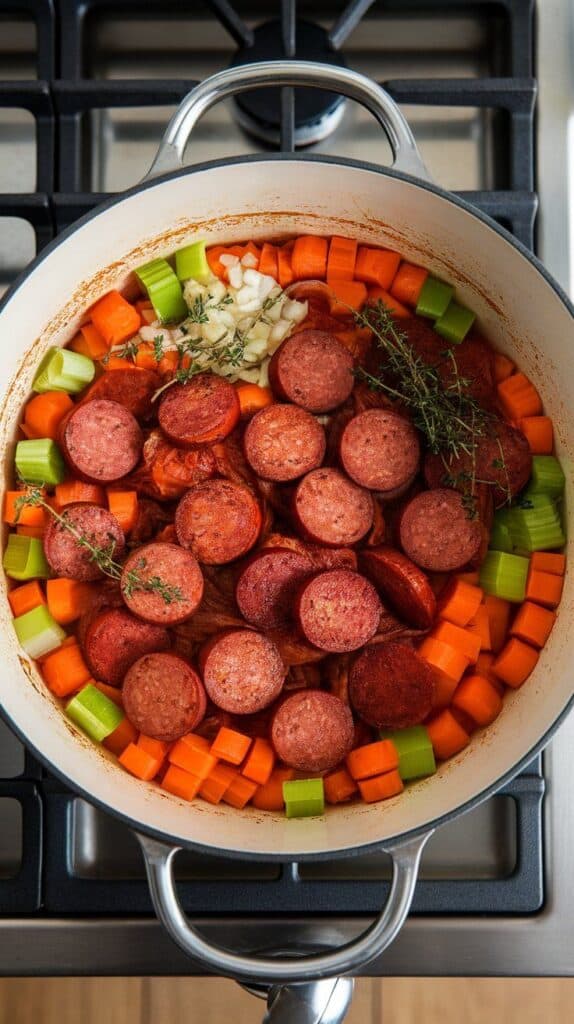 tomato paste and spices being stirred into softened vegetables and kielbasa in a Dutch oven, reddish tint coating the mixture.