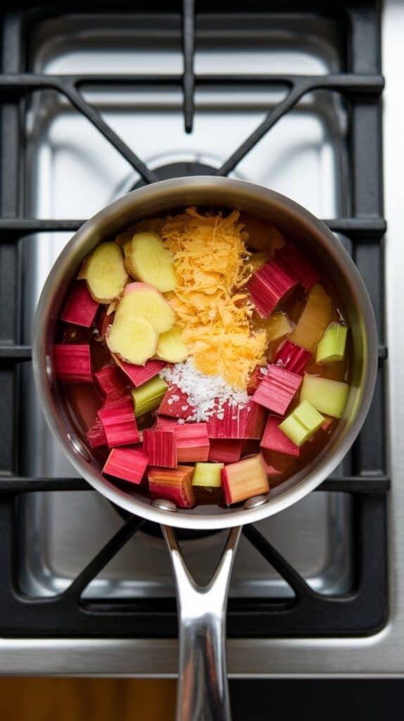 small saucepan with diced rhubarb, grated ginger, golden honey, apple cider vinegar, water, and salt just added, bright colors and fresh texture visible