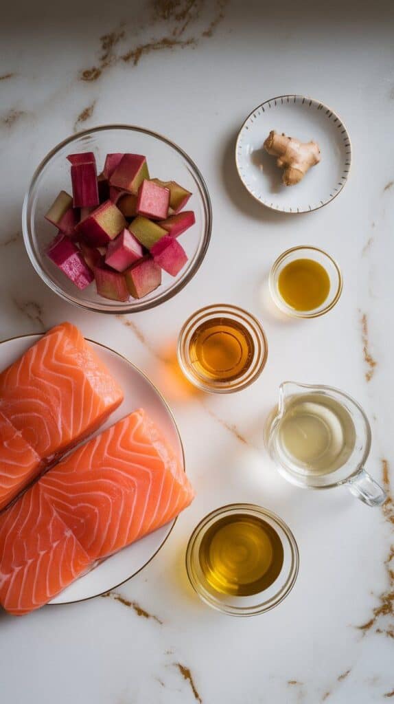 raw ingredients on the counter: two fresh salmon fillets (skin-on), 1 cup diced rhubarb in a bowl, 1 tablespoon grated fresh ginger, 2 tablespoons honey in a small dish, 2 tablespoons apple cider vinegar in a tiny glass, 1/4 cup water in a clear cup, and a small bowl of olive oil