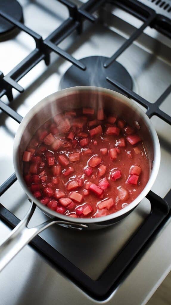 rhubarb sauce bubbling gently, thickening with soft rhubarb pieces and shiny texture, small steam rising, on a modern stainless steel gas stove, with all-natural lighting