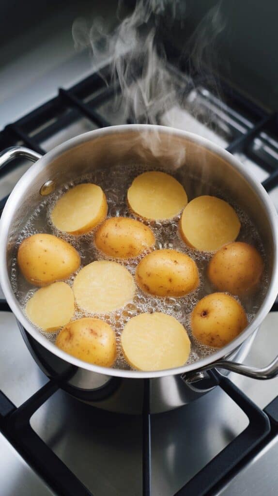 halved baby potatoes boiling in salted water, steam rising. Pot on a modern stainless steel gas stove
