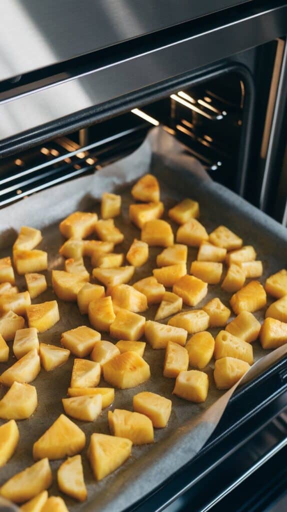 golden pineapple chunks on a parchment-lined baking sheet, edges beginning to caramelize.